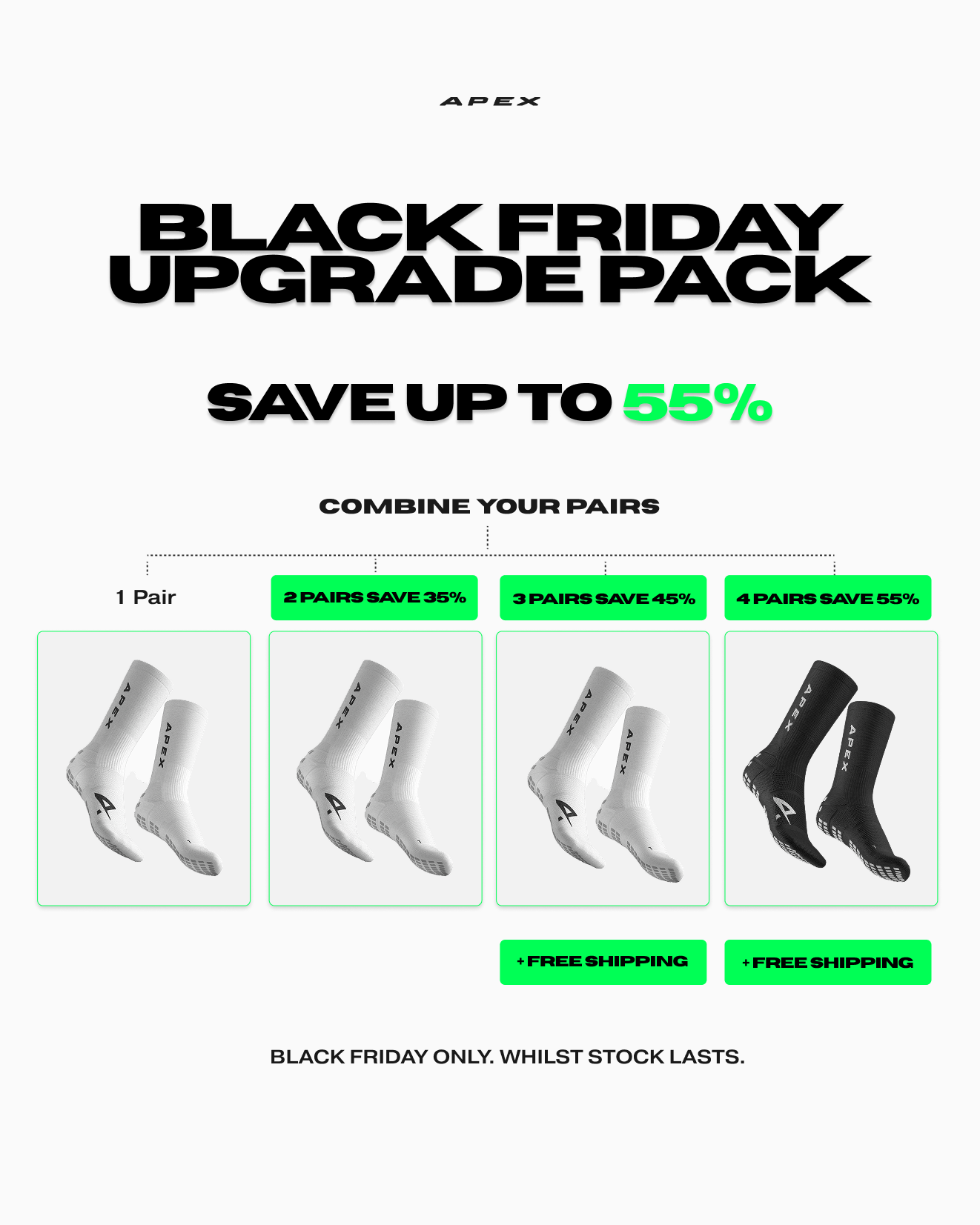 Promotional graphic for Apex Black Friday Upgrade Pack with sock pairs and savings information.